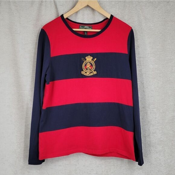 Lauren Ralph Lauren Red Navy Stripe Rugby Style Equestrian Club Tee Vintage - Picture 1 of 8